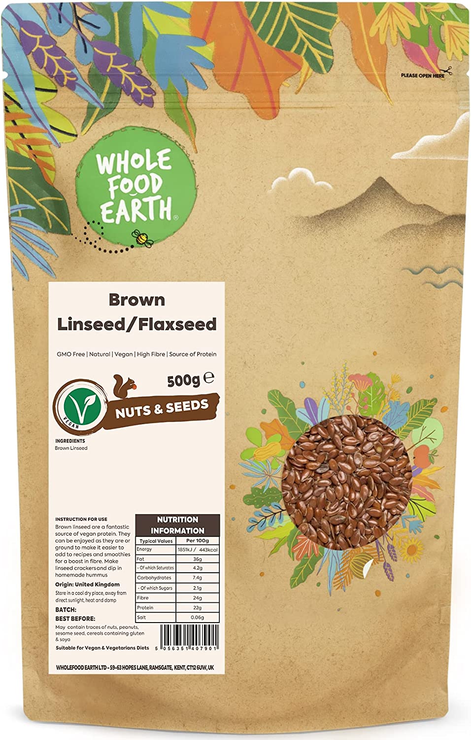 Wholefood Earth Brown Linseed/Flaxseed 500g (Nov 22) RRP £5.94 CLEARANCE XL £3.99